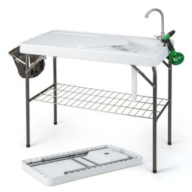 Portable Camping Fish Cleaning Table with Grid Rack and Faucet (Color: White)